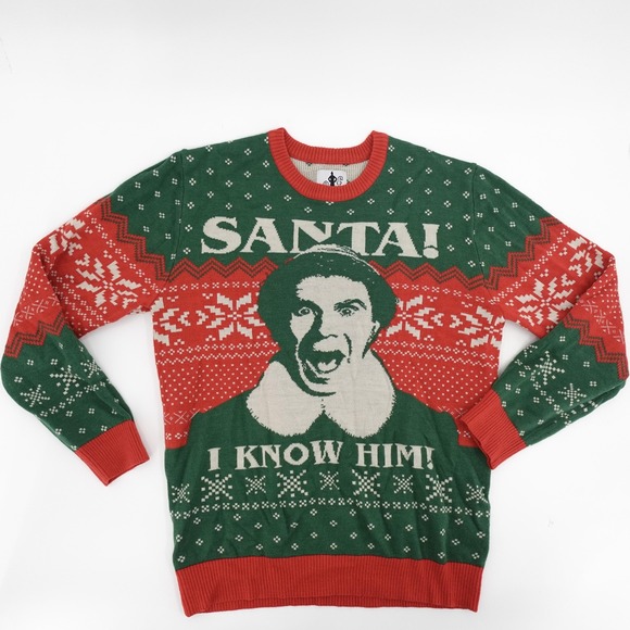 Elf Sweater Mens Medium Red Ugly Christmas Santa I Know Him Pullover Crewneck - Picture 1 of 8